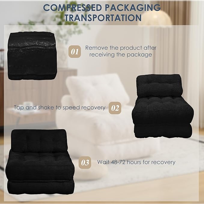 Folding Sofa Bed,Convertible Sleeper Chair for Adults, Folding Sofa Bed Foam Filling Couch with Pillow，Sleeper Chairs Single Size Floor Mattress,Black