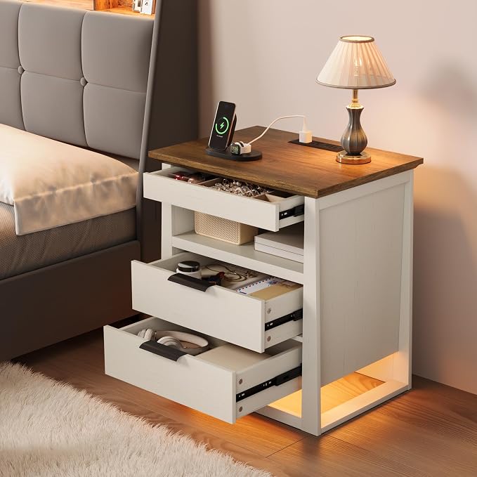 Rresyet 3 Drawer Nightstand with Charging Station & LED Lights & Open Shelf, Modern Night Stand with Storage, Wooden Bedside Table for Bedroom Room, Office (White) - Image 6