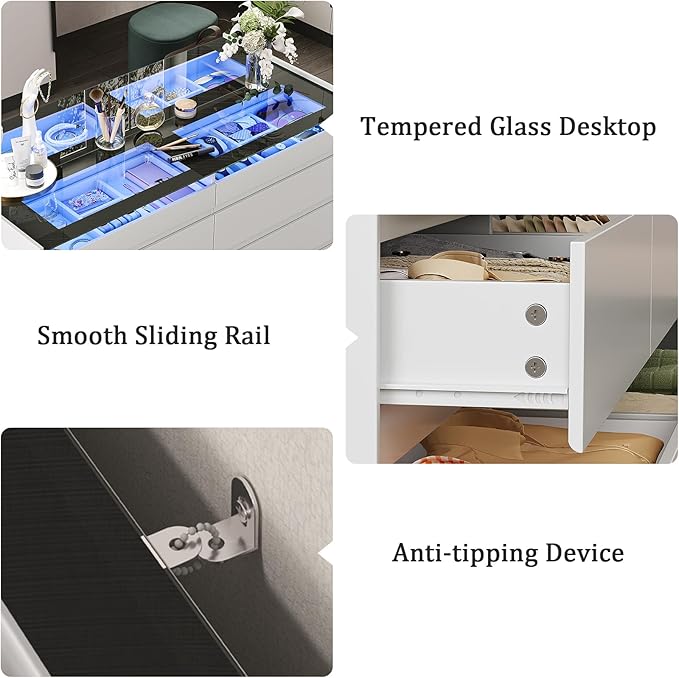 LIVAUVEAD Closet Island with Drawers, 16 Drawers Wardrobe Closet with Glass Top and LED Light，White Island Dresser with Jewelry Organizer for Bedroom & Cloakroom