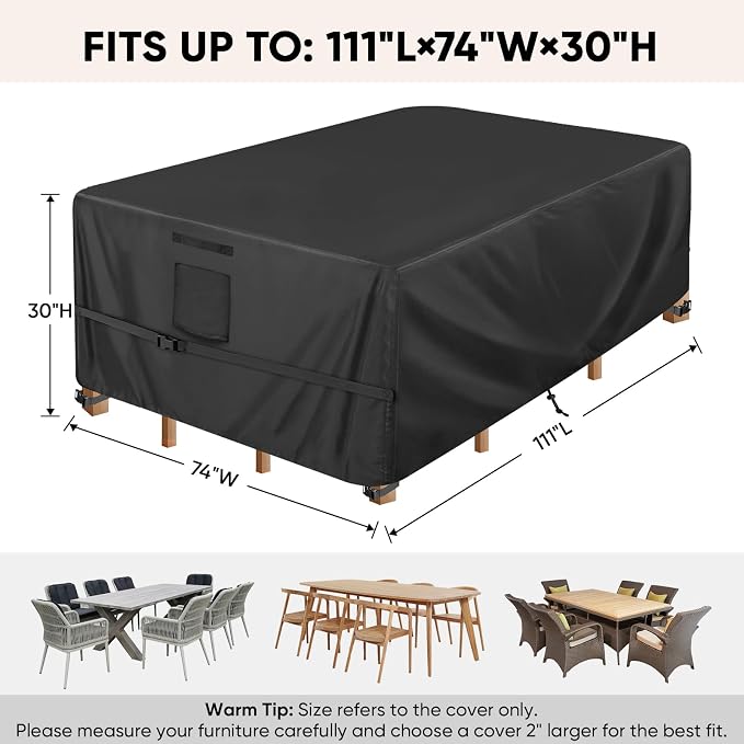 BALEINE Patio Furniture Covers, Outdoor Furniture Covers Waterproof, Heavy Duty Oxford Patio Table Cover for Outdoor Table, Chair, Sofa, Desk (Black, 111"L x 74"W x 30"H) - Image 2