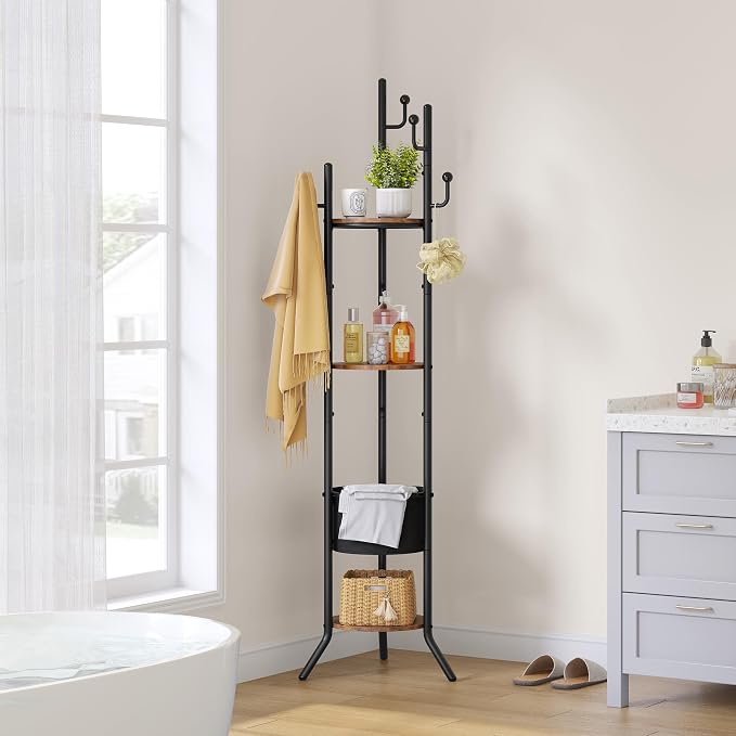 Hoctieon Coat Rack Freestanding, Round Coat Rack with 3 Wooden Shelves and 1 Fabric Basket, Metal Clothes Tree with 5 Hooks, Coat Hanger Stand for Clothes, Hats, Bags, Brown and Black - Image 6