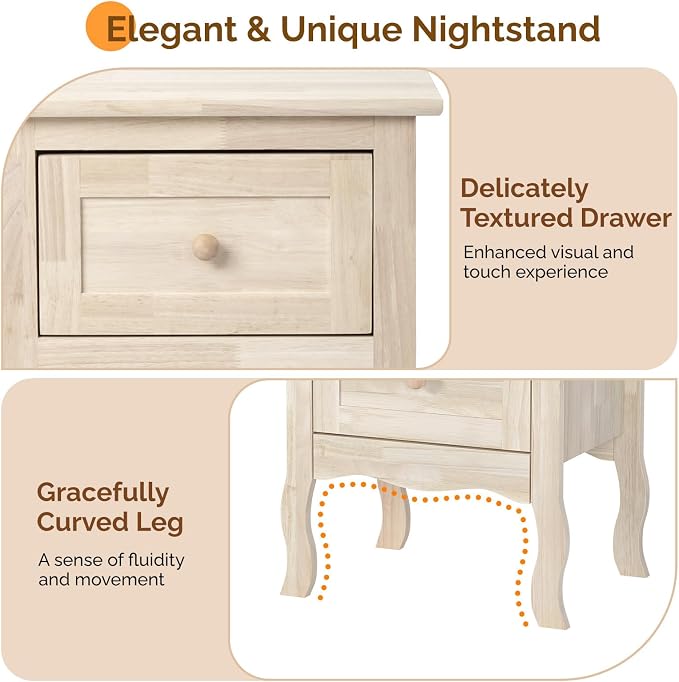 VINGLI Nightstands Set of 2, Unfinished Solid Wood Nightstand Color DIY, Small Nightstand for Bedroom, Natural Wood Night Stand with Drawers, Light Wood Night Stands, Real Wooden Bedside Table - Image 6