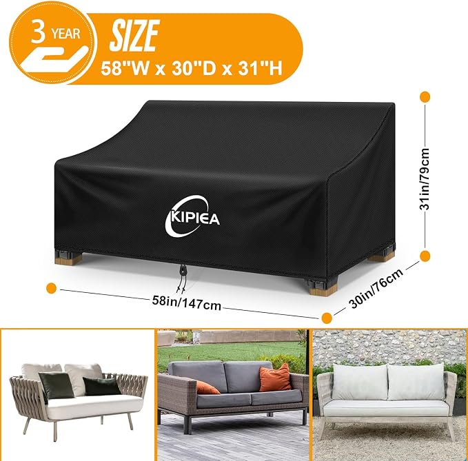 Kipiea Patio Sofa Cover, Heavy Duty Outdoor Couch Covers Waterproof Winter, 2-Seat Patio Furniture Cover Loveseat, Outdoor Sofa Covers with Anti UV and No Tears, No Fading (58"W x 30"D x 31"H) - Image 2