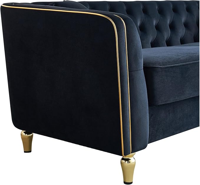 KEIKI 87" Chesterfield Velvet Button Tufted Sofa with High Density Foam Cushions, Modern Style 3-Seater Couch with Gold Strip Trim Decoration, Easy Assembly, for Apartment, Living Room, Office, Black