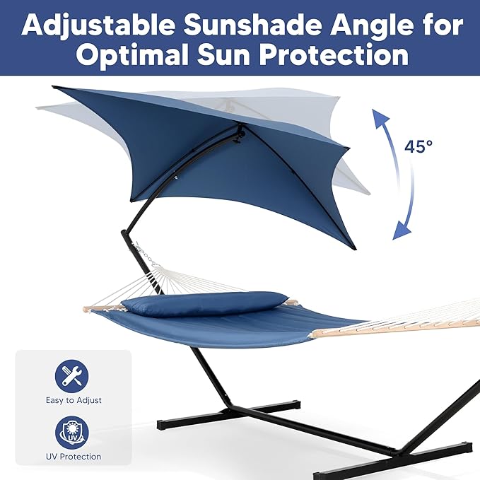 SUNCREAT Hammocks for Outside with Stand, Sunshade, Porch Hammock and Stand, 475 lbs Capacity, Patent Pending, Navy - Image 4