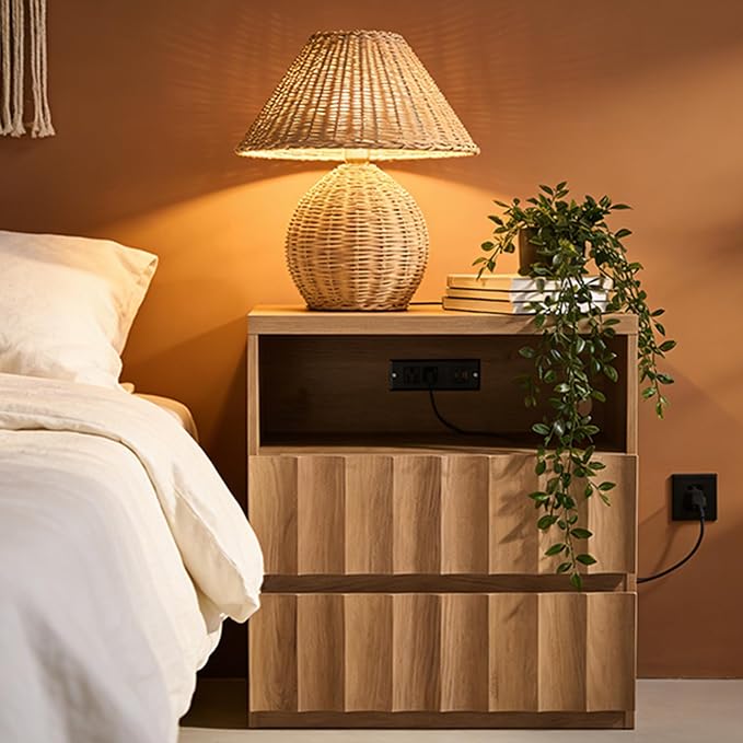 VividVibe Amber Oak Wide Fluted Nightstand with Charging Station, Side Table with Discreet Rear Cord Cutouts, Large Drawers Modern Organic Wooden Bedside Table End Table for Bedroom Home Office by Unknown