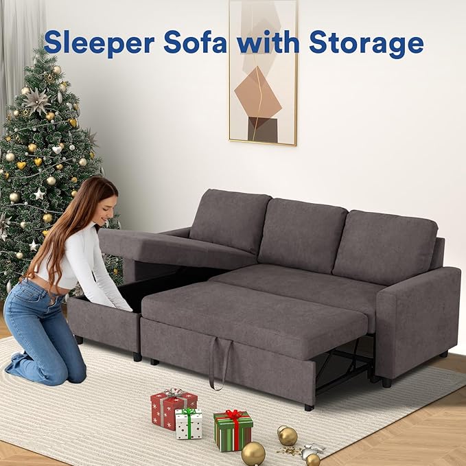 Rovibek 83" Convertible Sofa Bed Couch with Storage - 4 in 1 L Shaped Sofa with Pull Out Couch Bed for Living Room, Apartment, Office, Small Spaces, Coffee