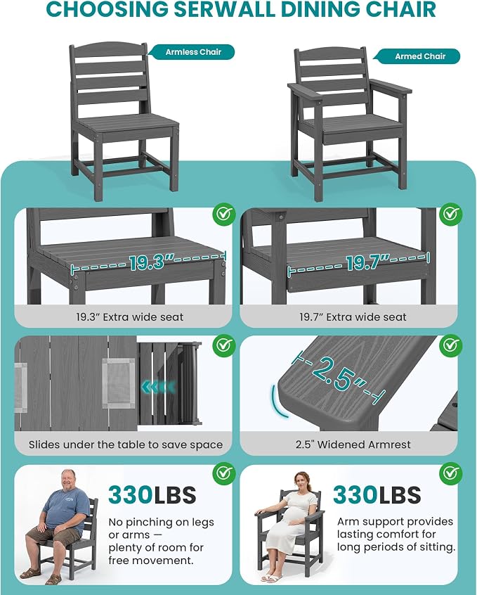 SERWALL Patio Dining Sets for 10 Person, HDPE Dining Set with 2 Tables, 8 Armless Chairs and 2 Armed Dining Chairs, Gray - Image 4