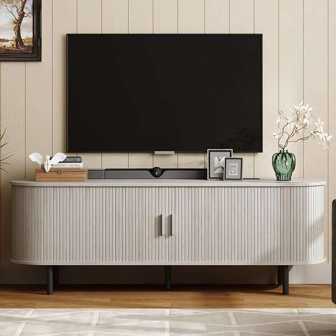 ONBRILL 63" TV Stand with Power Outlet for TVs up to 70 Inch, Entertainment Center with Storage and Adjustable Shelves, Modern Media Console with Sliding Doors for Living Room, Natural White by ONBRILL