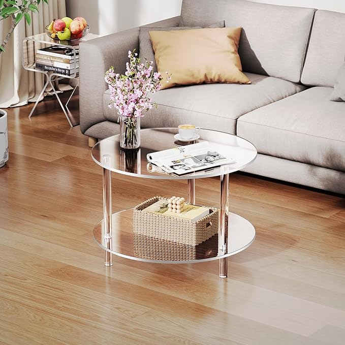 Acrylic Coffee Table, Small Round Modern Coffee Table for Living Room,23.6" D x 23.6" W x 16.5" H