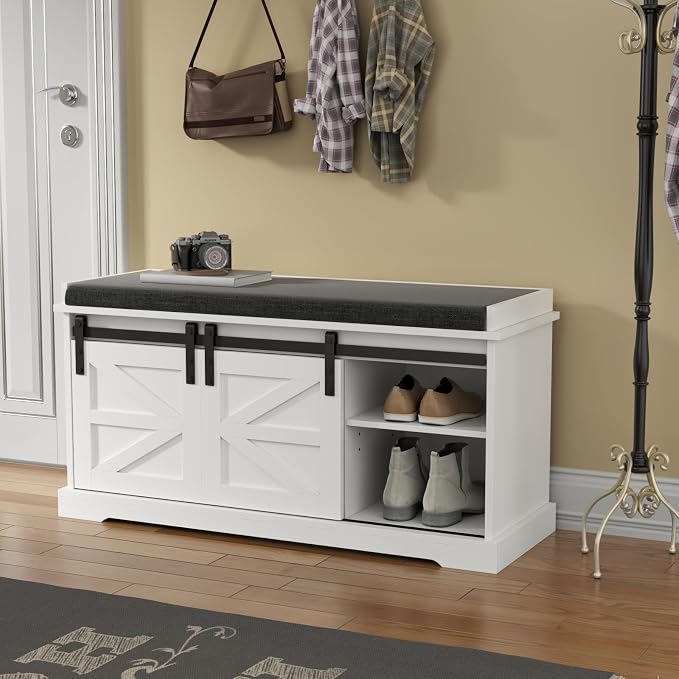 Loomie Shoe Storage Bench, 2-Tier Farmhouse Entryway Bench with Sliding Barn Door Storage Cabinets & Full Soft Removable Seat Cushion, Silm Shoe Rack with Shoe Cabinet for Entryway, Hallway, Bedroom - Image 3
