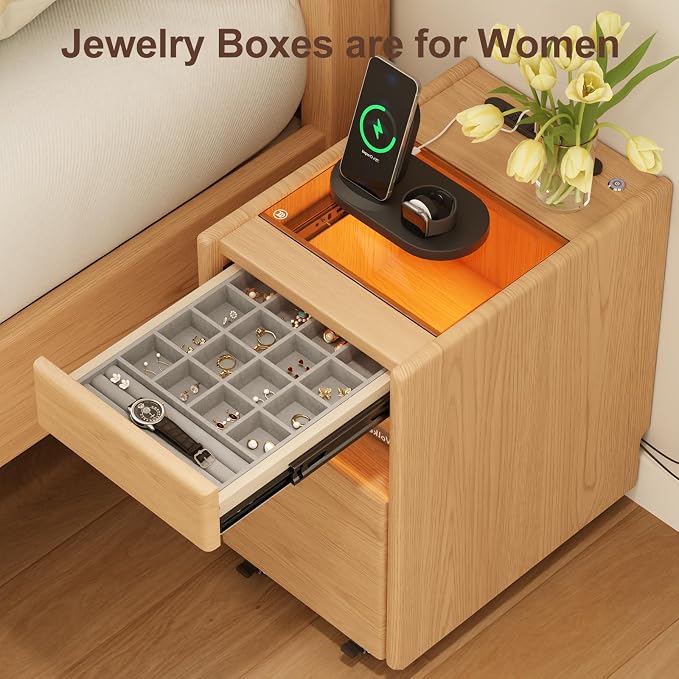 3 Drawers Nightstands with Charging Station,Modern Nightstand with Hidden Drawer,Jewelry Drawer,Mobile Bedside Table for Bedroom,Natural Finish - Image 3