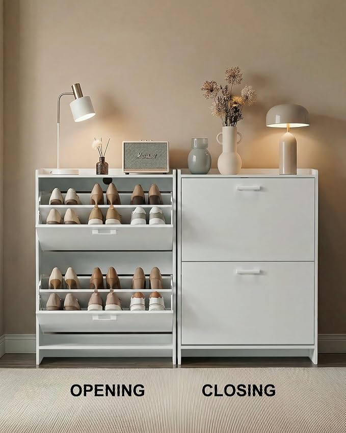 Shoe Cabinet with 2 or 3 Flip Drawers, Narrow Shoe Storage Cabinet, Hidden Shoe Organizer for Entryway, Space Saving Shoe Rack for Hallway, Living Room (White, 2 Drawers with Handle) - Image 4