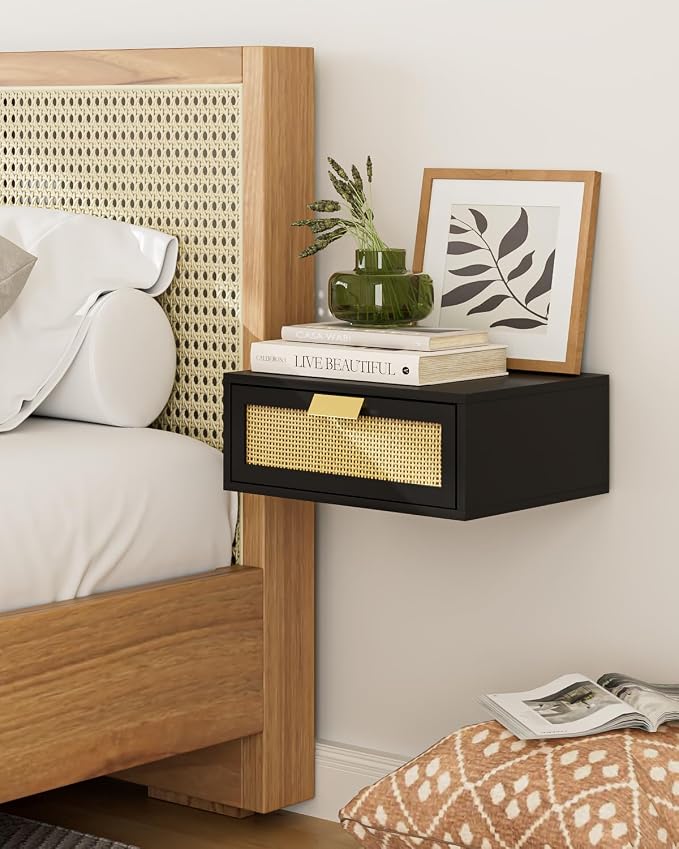 Aienvey Floating Nightstand, Floating Shelf with Drawer, Wall Mounted Nightstand, Floating Bedside Table (Black Rattan) - Image 6