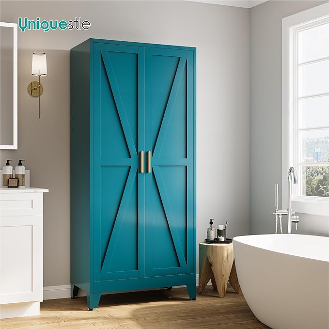71" Tall Metal Armoire Wardrobe Closet with Hanging Rod and 3 Adjustable Shelves,Blue Storage Cabinet,Steel Wardrobe for Bedroom Garage Laundry Room Office Apartment Amployees,6 Tier,1 Pack