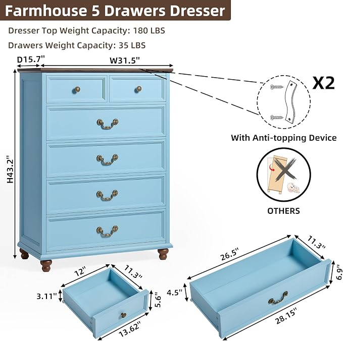 Joaxswe Farmhouse 6 Drawer Dresser for Bedroom, 42" Tall Rustic Chests of Drawers w/ 4 Solid Wood Feet, Mid Century Modern Wooden Closet Storage Dressers Organizer for Living Room, Hallway,Light Blue - Image 2