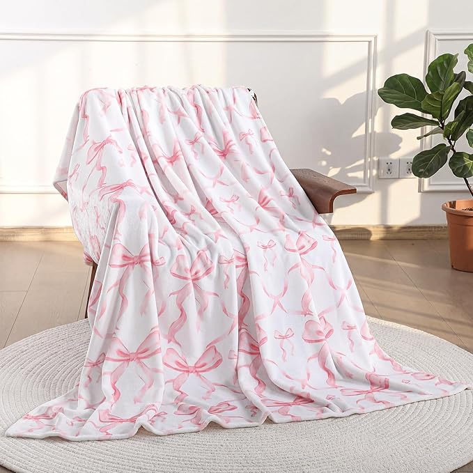 Buryeah Pink Bow Throw Blanket 60"x80" Ultra Soft Flannel Coquette Aesthetic Blanket for Girls Women Preppy Room Decor for Bed Sofa Spring Wedding Mother's Day Graduation Back to School Gift