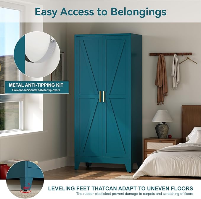 COFaR Metal Wardrobe Cabinet, 71" Farmhouse Storage Cabinet with Hanging Rod, 2 Barn Door, 2 Adjustable Shelves and Legs, for Bedroom, Laundry Room, Cloak Room, Gym, Office, School (Blue Green)