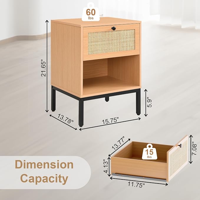 Yechen Set of 2 Rattan Nightstands with Drawer & Open Shelf, Boho Bedside Table with Natural Cane, Wood End Table with Metal Legs for Bedroom, Small Spaces, Brown - Image 3