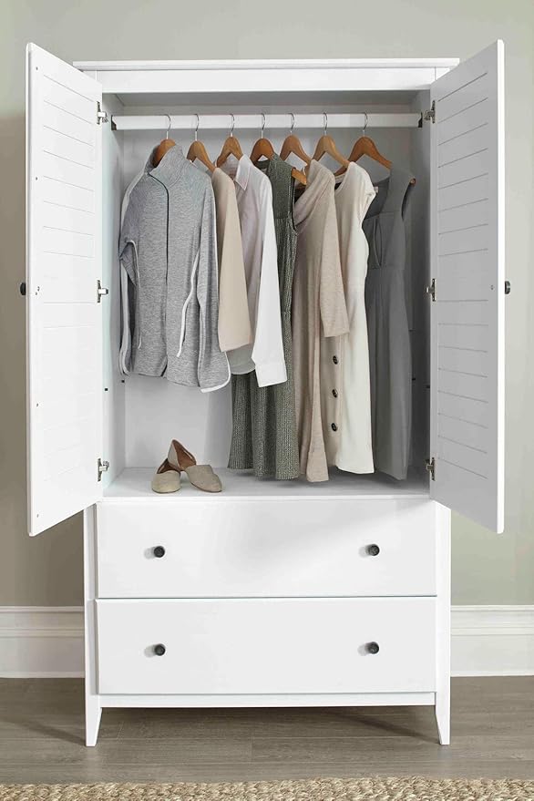 Grain Wood Furniture Greenport 2-Door Wardrobe, Solid Wood with a Brushed White Finish