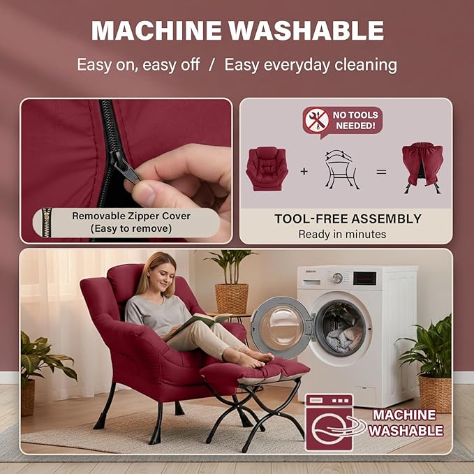 Lazy Chair and Ottoman, Large Burgundy Accent Chair with a Side Pocket, Modern Leisure Upholstered Reading Armchair with Footrest for Office, Bedroom, Living Room, Dorm Rooms, Balcony