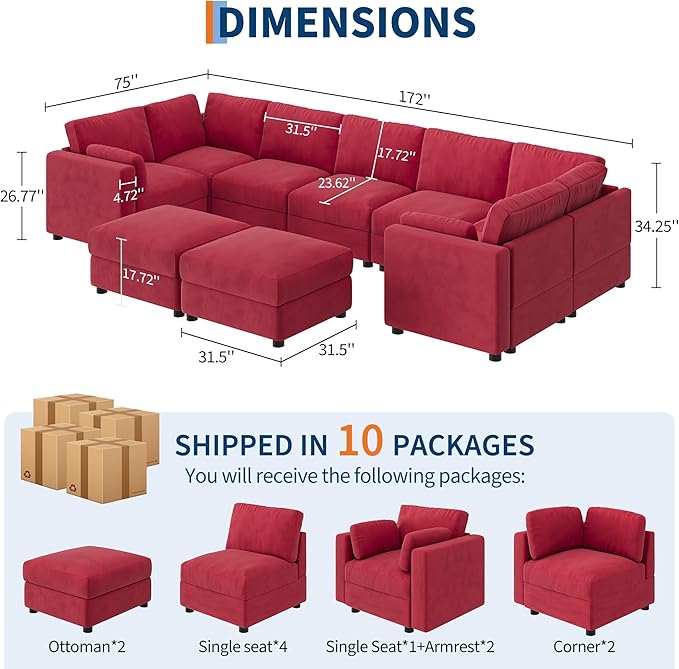 GAOMON Oversized Modular Sectional Sofa, 9 Seater Sectional Couch, 172" U Shaped Sofa with Movable Ottoman, Convertible Modular Couch for Living Room Apartment and Office, Chenille Red