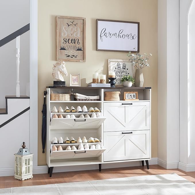Barnyatoh Shoe Storage Cabinet,Farmhouse Shoe Organizer with 4 Flip Drawers & Barn Door Design,Freestanding Hidden Slim Narrow Shoe Rack with Open Shelves for Entryway,Foyer,Hallway,Antique White by Barnyatoh
