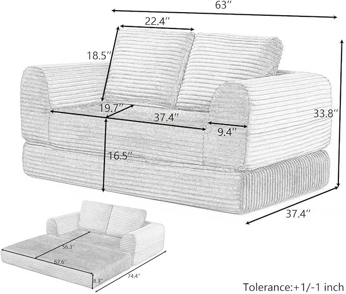 Foldable Boneless Love Seat Couches in a Box, Modern Floor Foam Sleeper Sofa Bed 2-in-1 Convertible Cloud Sofa for Home Apartments Bedroom