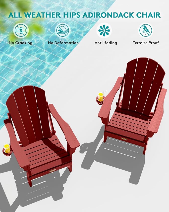 SERWALL Foldable Adirondack Chair Set of 4, Weather Resistant HIPS Patio Chairs with Cup Holder for Patio Garden Outdoors Fire Pit Chairs- Red - Image 10