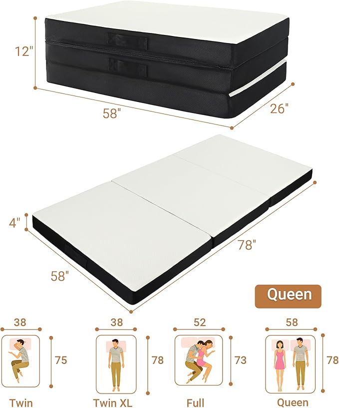 Foldable Mattress Queen, Memory Foam Tri-Fold Mattress with Removable Washable Cover, 4 inch Folding Mattresses Floor Bed Sleeping Pad for Guest, RV, Travel, Camping, White, 78"x58"x4"