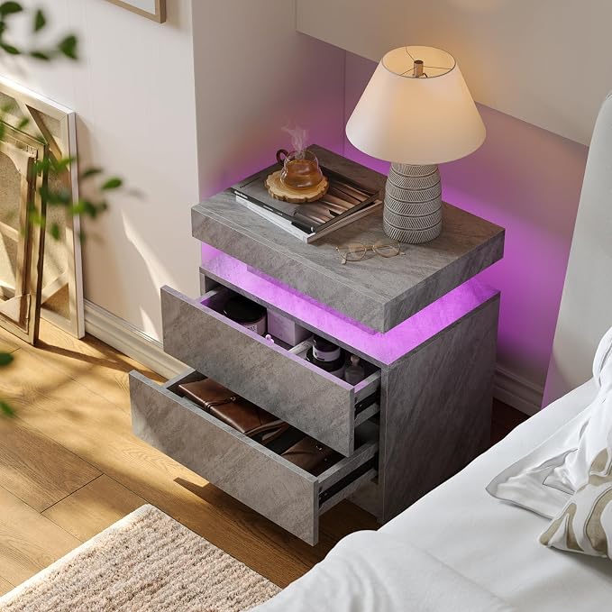 Cubehom Nightstands Set of 2, Bedside Tables with LED Lights, Night Stands with 2 Wood Drawers, End Tables Set of 2 for Living Room/Bedroom - Image 3