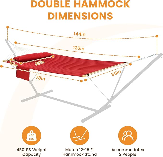 Lazy Daze Hammocks 2 Person Double Quilted Fabric Hammock with Spreader Bar, Detachable Pillow, Side Pocket, Carabiners, Chains, Straps for Outdoor, 450lbs Capacity, Burgundy - Image 2