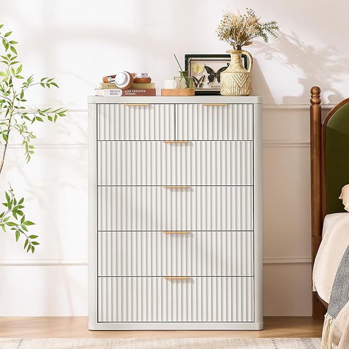 LEYAOYAO 42" Tall Fluted Dresser and 2 Drawers 23" Nightstand Set of 2,Wooden Dresser & Night Stand with Charging Station,3 Piece Bedroom Furniture Set,Chest of Drawer for Living Room,Antique White