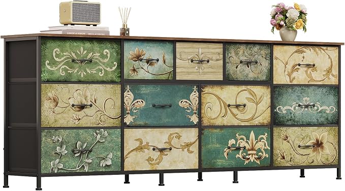 Tohomeor Dresser for Bedroom Chest of Drawers Fabric Dresser for Closet, Nursery Entryway Hall Tree TV Stand for Living Room Retro Floral Pattern Wooden Top (13 Drawers) by Tohomeor