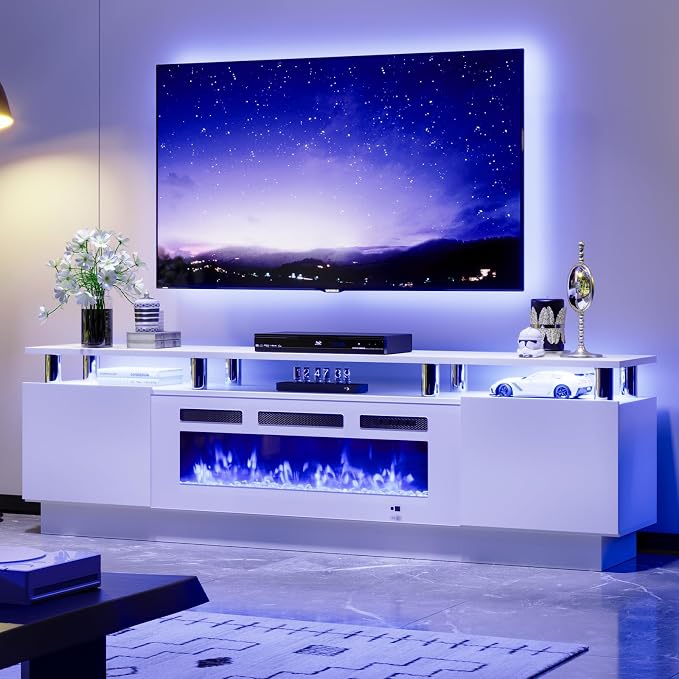 70" TV Stand for Living Room, Entertainment Center & Media Console with Storage, Fits TVs up to 80", Modern TV Cabinet with Shelves, 36" Electric Fireplace (All White) - Image 2