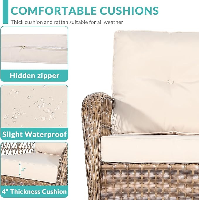 MEETWARM 5-Piece Outdoor Wicker Patio Conversation Set With Glider Loveseat, 2 Chairs, 2 Glass-Top Coffee Tables, Thickened Cushions - Beige