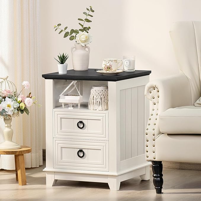 Joaxswe 18" Farmhouse Night Stands Set of 2 with Charging Station, 2 Drawers End Table Dresser for Bedroom， Wooden Nightstand, Bed Side Table with Open Shelf, Bedside Cabinet for Living Room（White） - Image 4