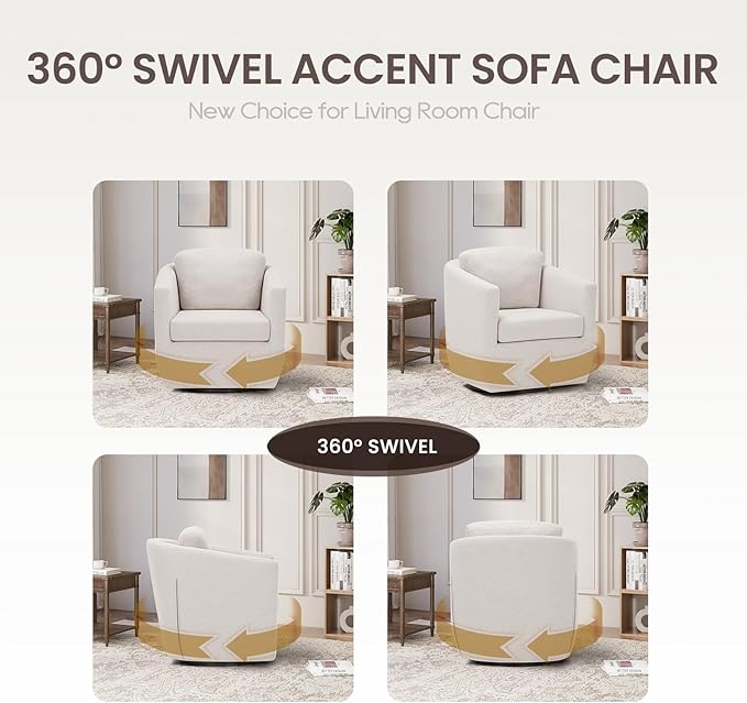 COLAMY 360° Swivel Accent Chair Set of 2 No-Sag Foam & Sturdy Metal Base, Fully Assembled Living Room Armchair with Pillow, Swivel Accent Single Sofa for Bedroom Living Room, Reading Room, Beige