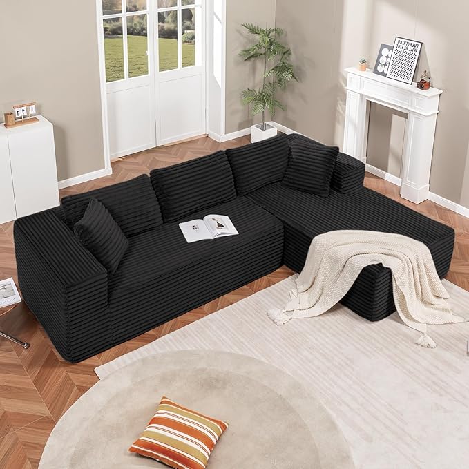 LUCKLIFE Modular Sectional Couch with L-Shape Chaise,Corduroy Upholstery Boneless Couches for Living Room,Oversized Sleeper Sofa,No Assembly Required (Black, L Shape with Right Facing Chaise)