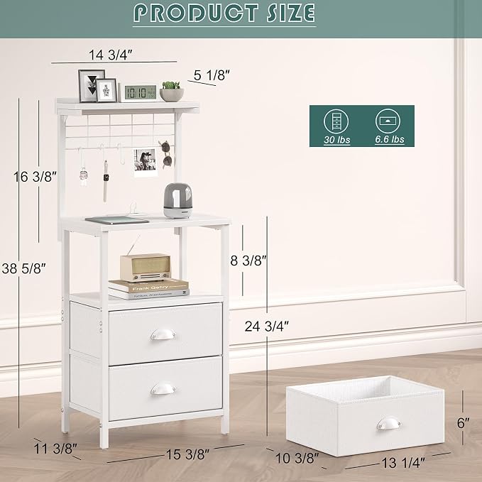sthmec Tall Nightstands with Charging Station, LED Night Stand Bedsides with 2 PU Finish Fabric Drawers,Hooks,USB Port and Oepn Storage Shelves,Tall End Table Bedside for Bedroom,Office, White - Image 3