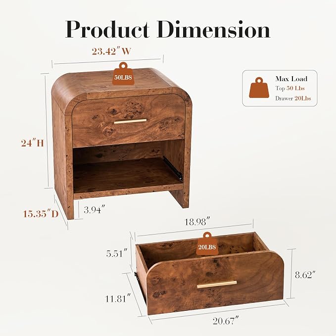 Night Stand Set of 2 [Unique Curved Profile] [FSC-Certified Wooden Board] 2-Drawer Nightstand 24" H Metal Handle Modern Sturdy Bedside Table Side Table End Table - Image 6