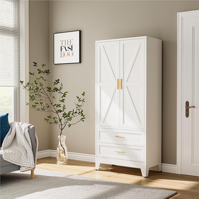 Metal Wardrobe Cabinet, 71" Tall Armoire Wardrobe Closet with 2 Drawers, Hanging Rod and Adjustable Shelf, Farmhouse Clothing Storage Cabinet for Bedroom, Laundry