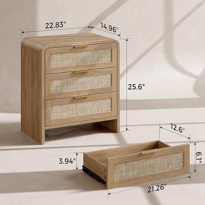 Evermagin 23" Wide Rattan Night Stand with 3 Drawer, Boho Nightstand with Storage, Wooden Bedside Table End Table for Bedroom, Light Oak - Image 2