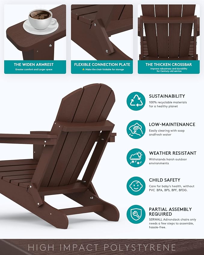 SERWALL Folding Adirondack Chair Set of 2, All Weather Adirondack Chairs with Cup Holder for Patio Garden Outdoors Fire Pit - Coffee - Image 6