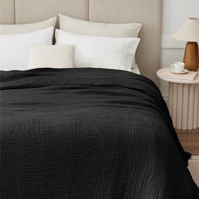 100% Cotton Muslin Blanket King 108" x 90", 6 Layers Breathable and Lightweight Cotton Throw Blankets for Bed, Soft Cooling Summer Gauze Blanket for Adults All Season, Black