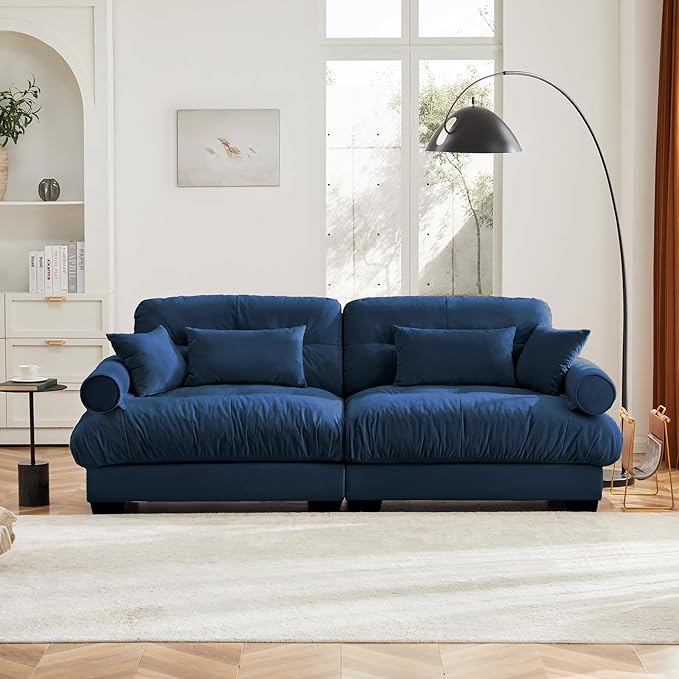 KEIKI 94" Oversized Velvet Modular Sectional Loveseat Sofa with High-Density Foam Cushions and Bolstered Armrests, Upholstered Modern Style 2-Seater Cloud Couch with 4 Pillow, for Living Room, Blue