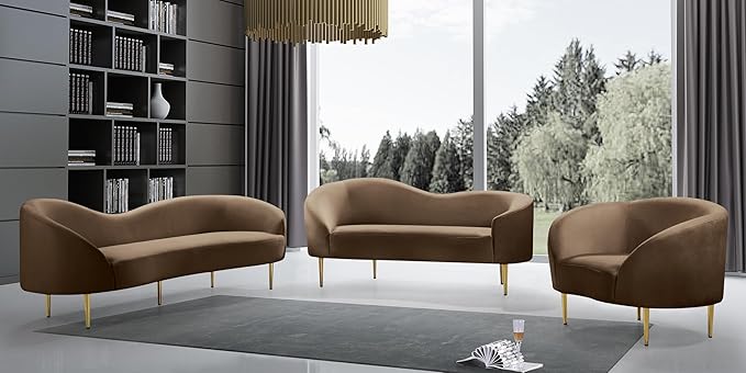 Meridian Furniture 659Brown-L Ritz Collection Modern | Contemporary Upholstered Loveseat with Rich Brown Velvet, Gold Metal Legs, Curved Contemporary Design, 67" W x 31.75" D x 30.5" H, Brown