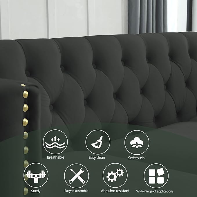 KEIKI Tufted Velvet 3 Seat Sofa Couch for Living Room, Buttons Tufted Square Arm Couch for Home Apartment, Black