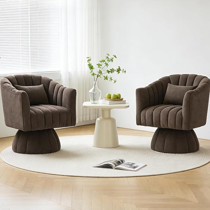 ClinQ Swivel Barrel Chair with Pillow, 360° Cloud Velvet Round Swivel Accent Chair, Upholstered Cuddle Reading Lounge Chair for the Living Room, Bedroom, Office, Brown-Vertical Stripes