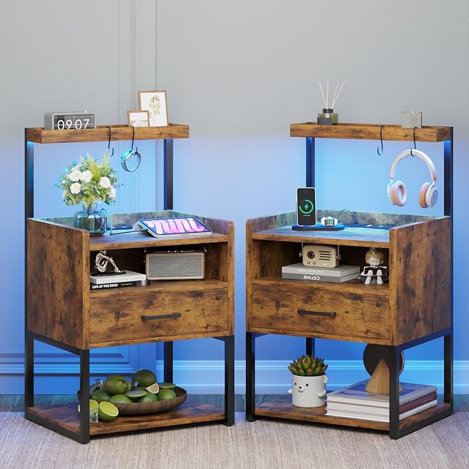 VIAGDO Rustic Brown Nightstands Set of 2 with Charging Station and LED Lights, LED Night Stand Set 2 with Drawer, Rustic End Side Table with Open Storage Shelves, Bedside Tables for Bedroom, Office by VIAGDO